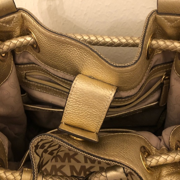 Michael Kors Marina Gathered Canvas Tote Bag With Tassels Gold - Picture 6 of 13